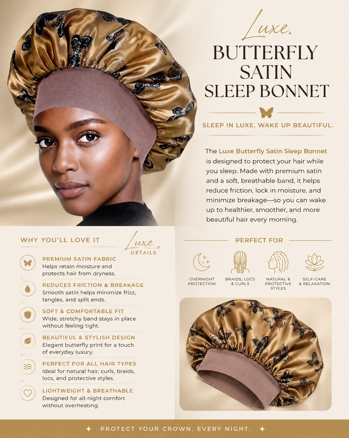 Luxury Luxe Satin Butterfly Print Sleep Bonnet